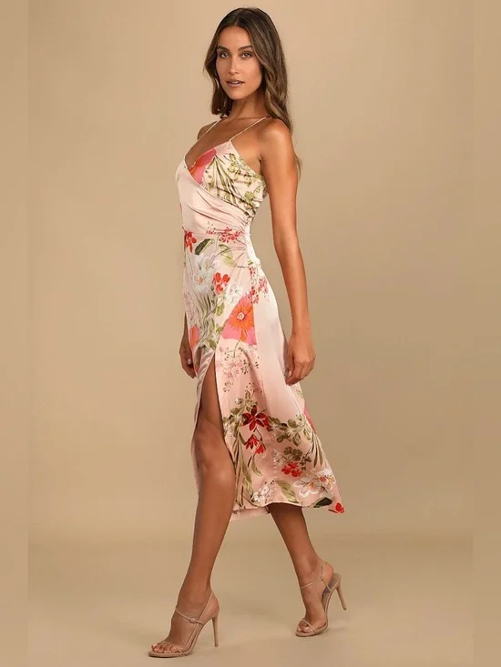 NWT Lulus Remarkable Entrance Pink Floral Print Satin Midi Dress Size XL - Picture 2 of 9